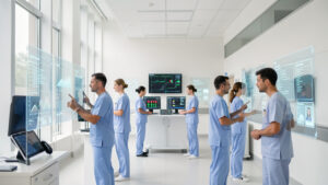 Vue réaliste d’un hôpital français modernisé, avec l’équipe soignante et des interfaces d’IA projetées, ambiance clinique et tableaux de pilotage lumineux, prise de vue documentaire.