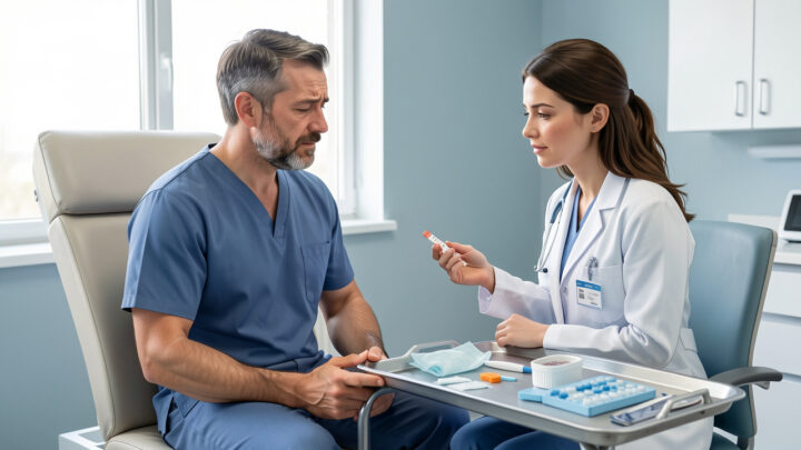 Illustration médicale réaliste montrant un patient fiévreux assis face à une médecin qui lui explique une prise de sang dans une salle de consultation sobre et rassurante.