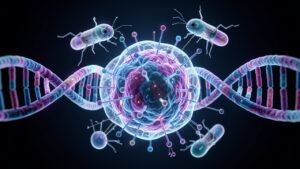Illustration médicale réaliste d’une cellule cancéreuse entourée d’ADN et de lymphocytes T dans un environnement scientifique aux tons bleus et violets.