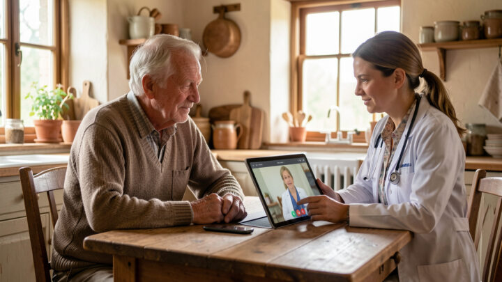 Un homme âgé dans une maison rurale échange chaleureusement avec une femme médecin visible sur une tablette lors d’une téléconsultation.