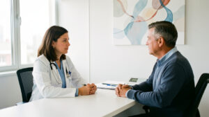 Une médecin consulte un patient assis dans un cabinet médical lumineux et sobre, avec des éléments décoratifs liés à la prévention en arrière-plan.