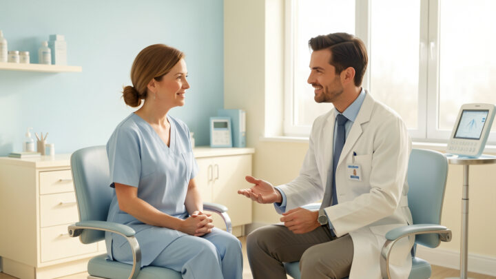 Illustration médicale douce d’une patiente adulte échangeant calmement avec un gynécologue dans un cabinet lumineux avant une intervention chirurgicale.