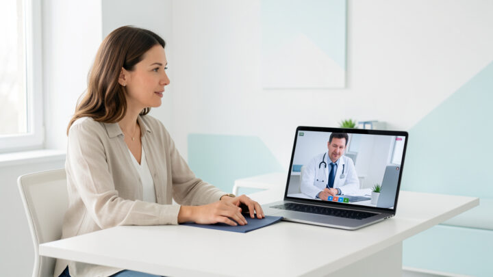 Une patiente adulte échange en visioconférence avec un médecin sur un ordinateur, dans un intérieur lumineux, sobre et soigné.