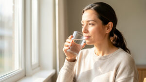 Une femme adulte boit un verre d’eau près d’une fenêtre lumineuse dans une ambiance saine et apaisante.