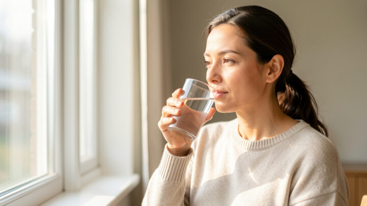 Une femme adulte boit un verre d’eau près d’une fenêtre lumineuse dans une ambiance saine et apaisante.
