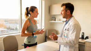 Une athlète adulte en tenue de trail échange avec un médecin du sport dans un cabinet médical lumineux.