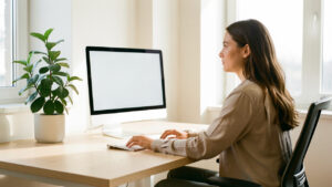 Bureau moderne lumineux et apaisant avec écran ergonomique, plante verte et femme regardant au loin dans une lumière diffuse.