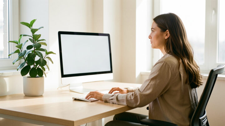 Bureau moderne lumineux et apaisant avec écran ergonomique, plante verte et femme regardant au loin dans une lumière diffuse.