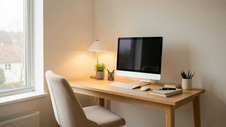 Bureau lumineux installé près d’une fenêtre, avec lampe indirecte, écran ergonomique sans contenu visible et ambiance apaisante.