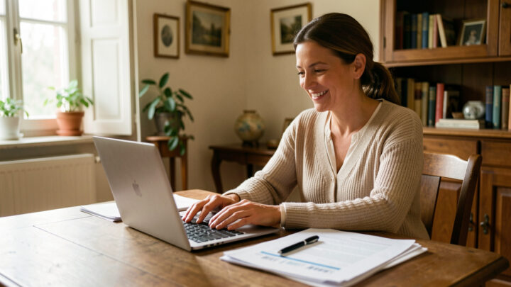 Une femme adulte consulte un ordinateur portable à une table où sont rangés des documents administratifs, dans un intérieur français lumineux et rassurant.