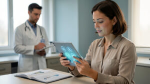 Une femme consulte une interface médicale lumineuse aux indications abstraites, avec un dossier médical posé à côté d’elle et un médecin flou en arrière-plan dans une clinique sobre.
