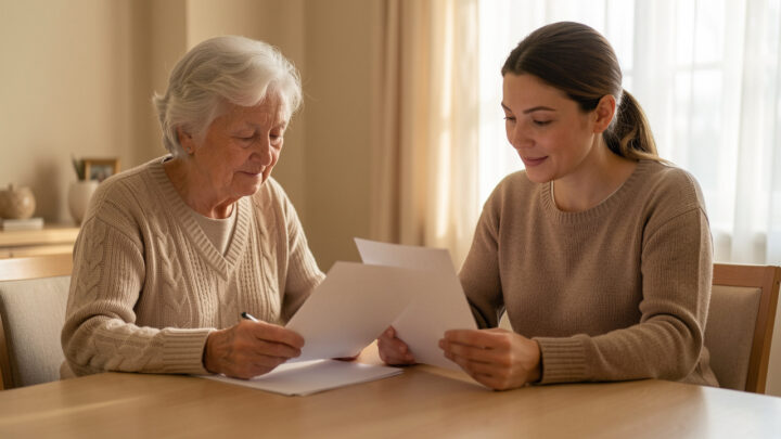 Une femme âgée et une proche aidante consultent sereinement des documents vierges à une table lumineuse dans un intérieur chaleureux.