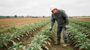 Agriculteur français portant des équipements de protection et observant les cultures dans un champ agricole, sous une lumière naturelle et une ambiance sobre.