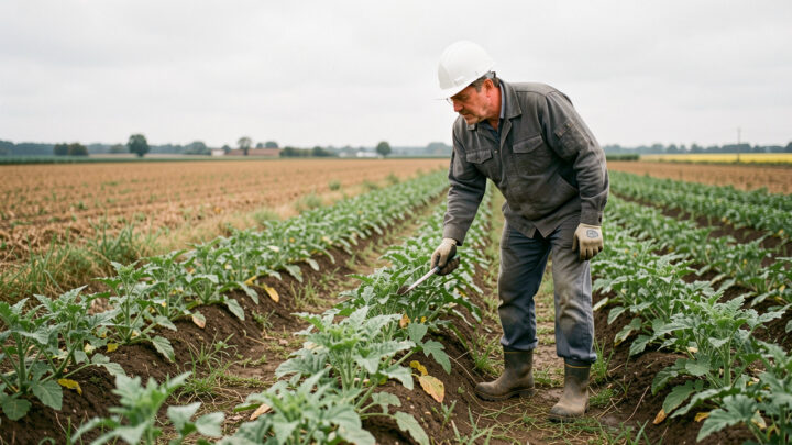 Agriculteur français portant des équipements de protection et observant les cultures dans un champ agricole, sous une lumière naturelle et une ambiance sobre.