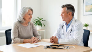Femme de 78 ans échangeant calmement avec un médecin dans un cabinet lumineux au sujet de son bilan de cholestérol, avec des documents médicaux discrets sur le bureau.