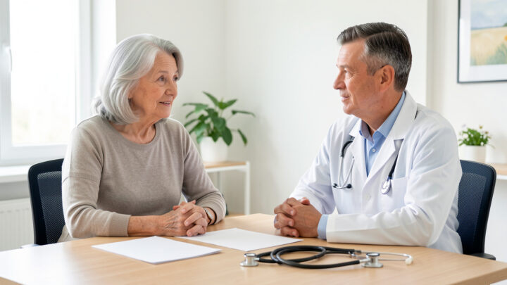 Femme de 78 ans échangeant calmement avec un médecin dans un cabinet lumineux au sujet de son bilan de cholestérol, avec des documents médicaux discrets sur le bureau.