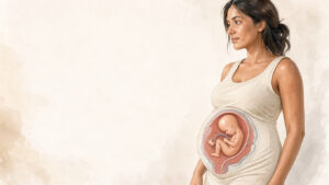 Illustration médicale douce montrant une femme enceinte de profil, avec une représentation anatomique discrète du placenta, du cordon ombilical et des échanges sanguins.